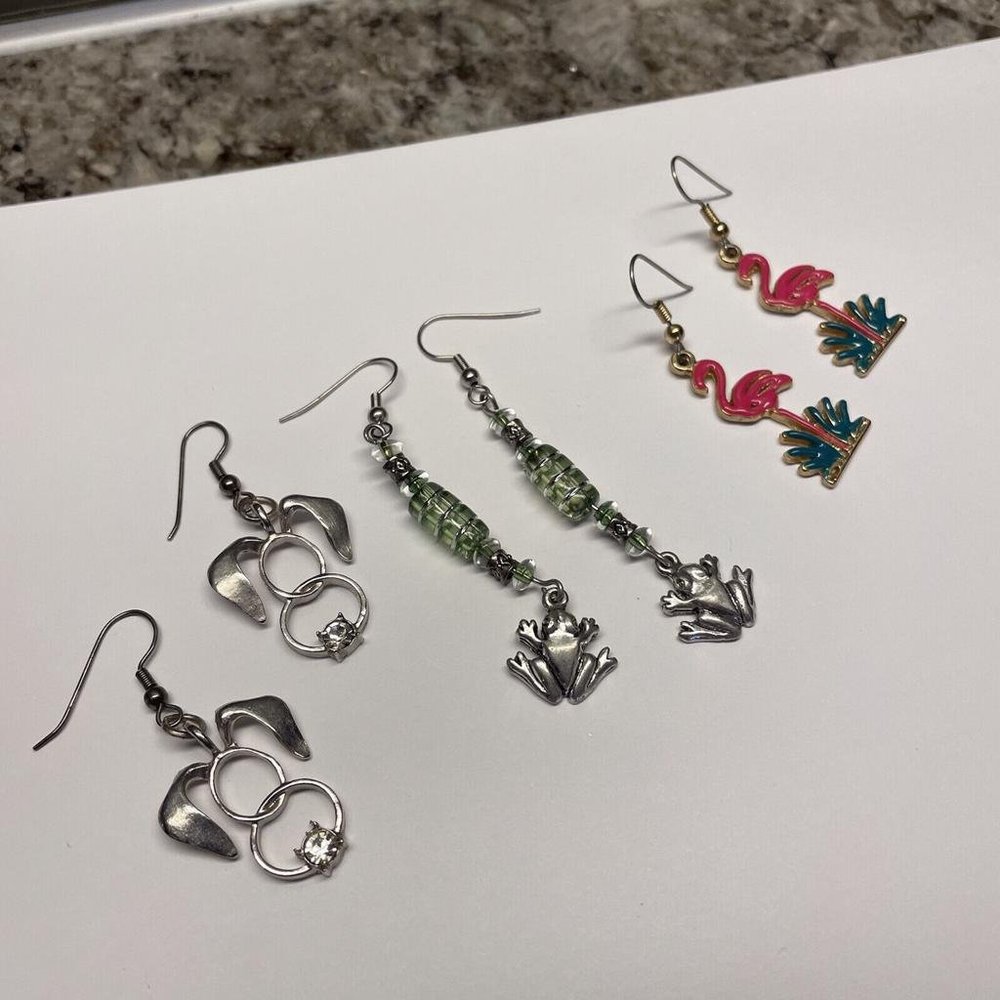 Lot Of 3 Earrings Pierced Animals - Dangle Frog / Dog / Flamingo Bird